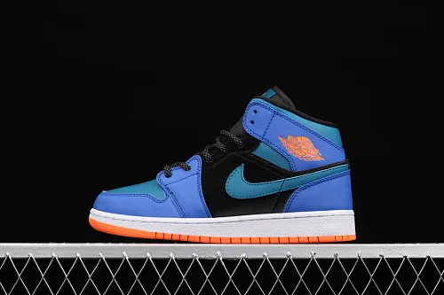 All categories Air Jordan Jordan series basketball shoes Air Jordan 1 Mid Air Jordan 1 Mid AJ1 Joe 1 patent leather black blue orange Zhongbang basketball shoes 554725-440